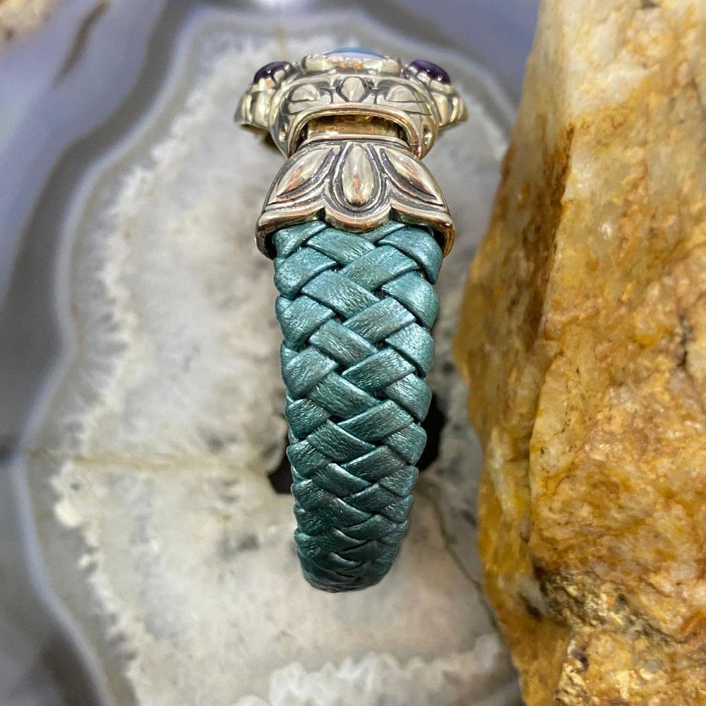 Carolyn Pollack Sterling Multi Gemstone Turquoise Braided Leather Hinge Bracelet - Picture 6 of 10